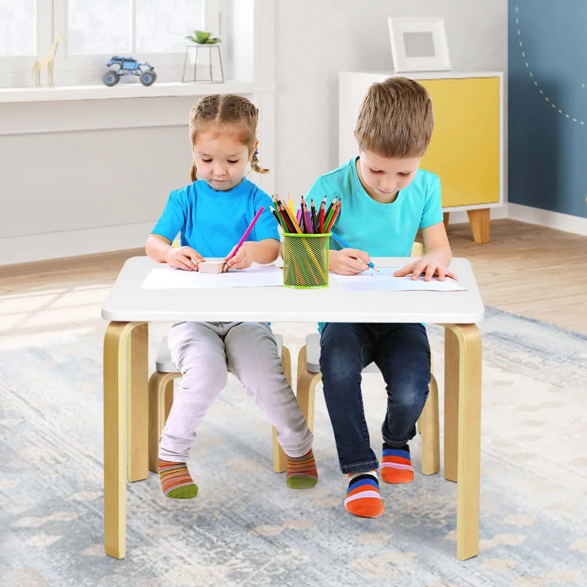 Kindertisch mit 2 Stühlen aus Holz 3tlg. Kindersitzgruppe Sitzgruppe für Kinder Weiß