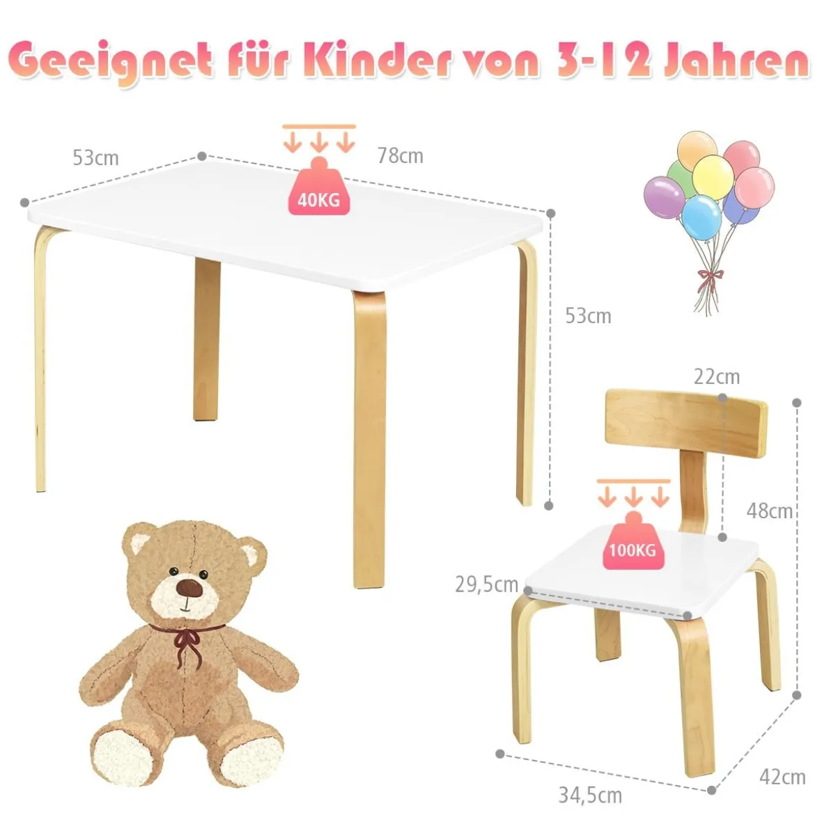 Kindertisch mit 2 Stühlen aus Holz 3tlg. Kindersitzgruppe Sitzgruppe für Kinder Weiß