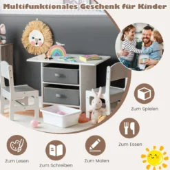 Kindertisch mit 2 Stühlen aus Holz mit 2 Abnehmbarem Körben & Breite Tischplatte Grau