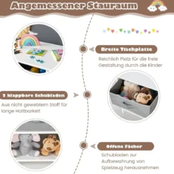 Kindertisch mit 2 Stühlen aus Holz mit 2 Abnehmbarem Körben & Breite Tischplatte Grau