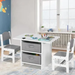 Kindertisch mit 2 Stühlen aus Holz mit 2 Abnehmbarem Körben & Breite Tischplatte Grau