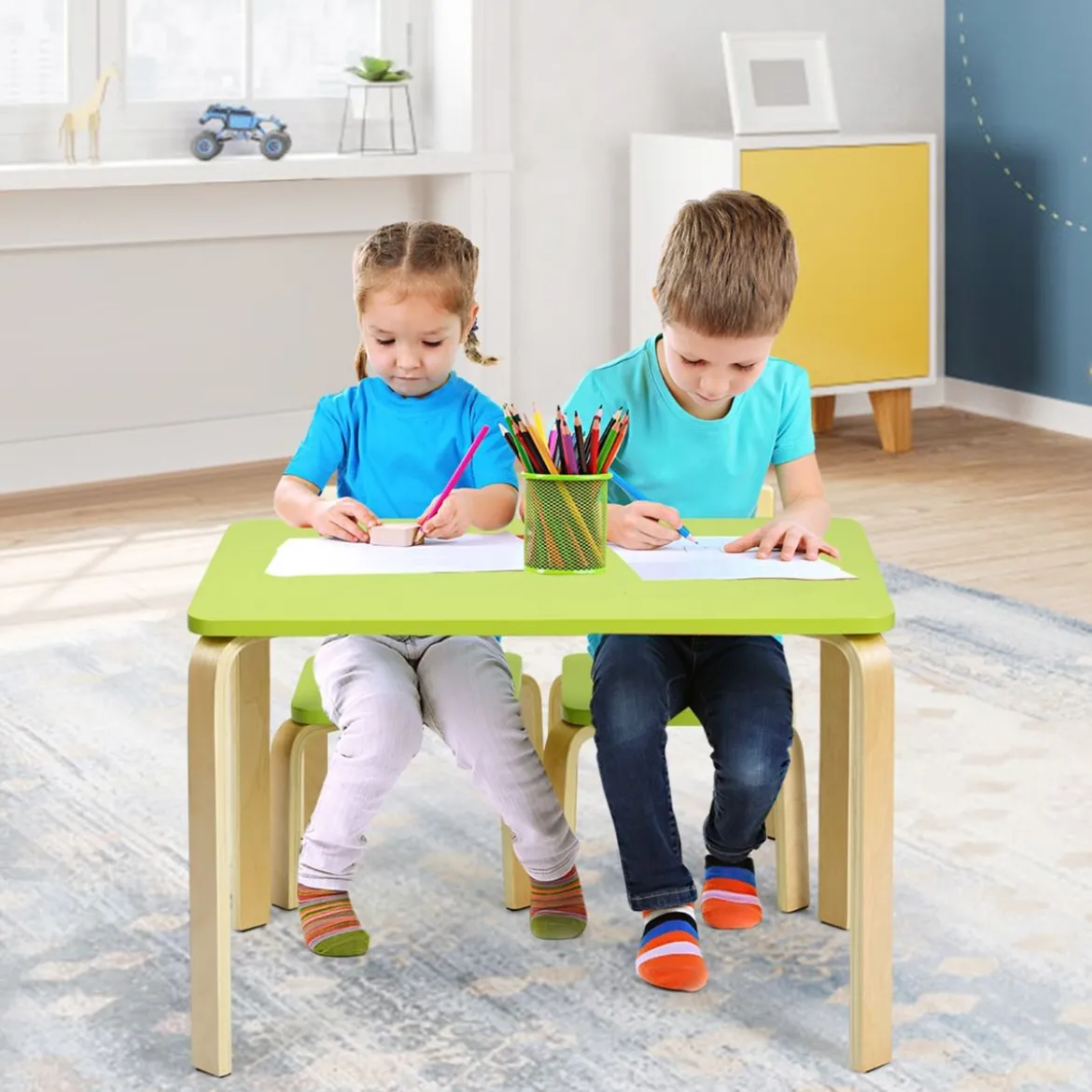 Kindertisch mit 2 Stühlen aus Holz 3tlg. Kindersitzgruppe Sitzgruppe für Kinder Grün