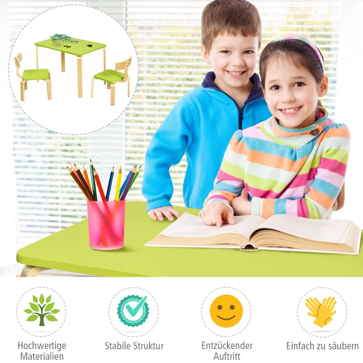 Kindertisch mit 2 Stühlen aus Holz 3tlg. Kindersitzgruppe Sitzgruppe für Kinder Grün