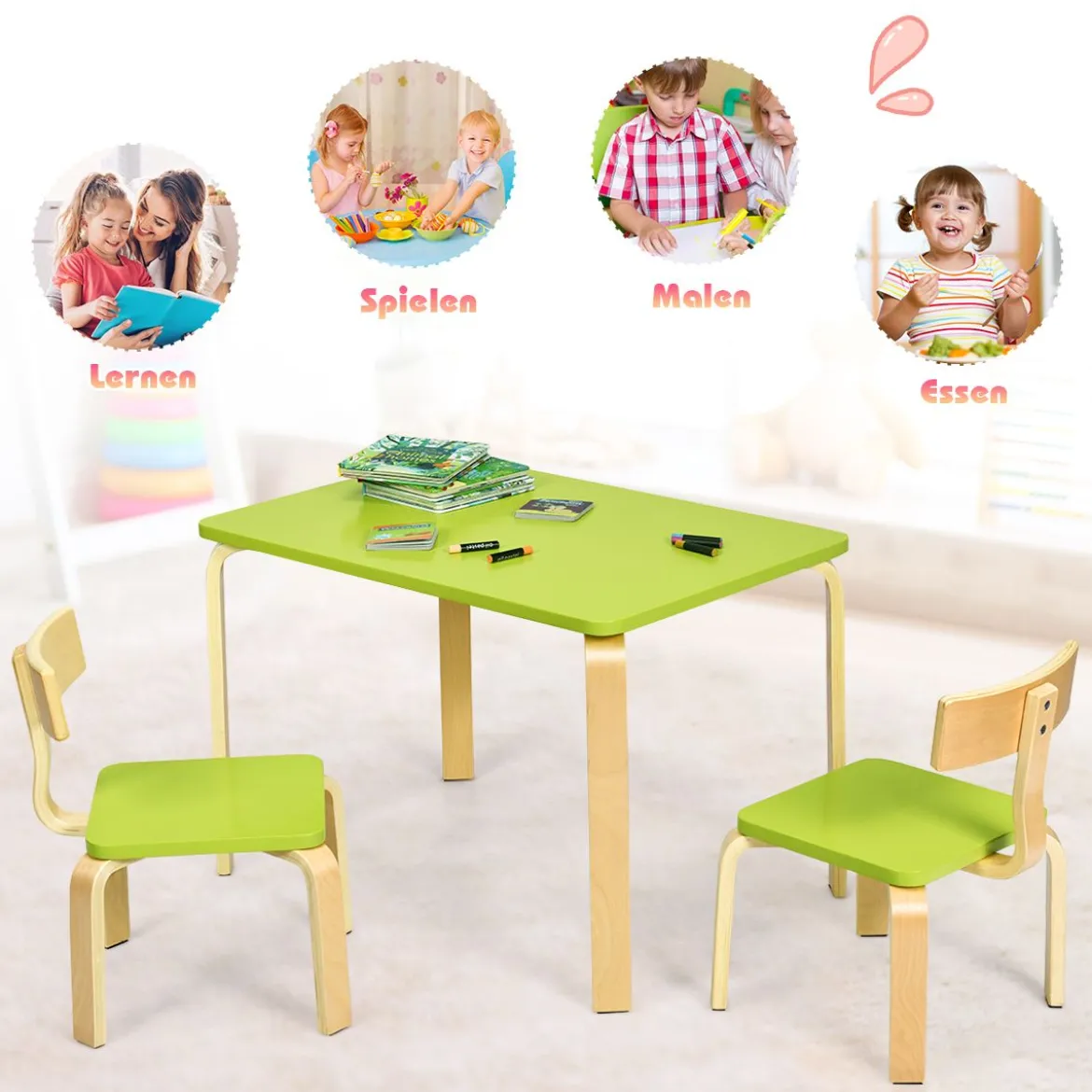 Kindertisch mit 2 Stühlen aus Holz 3tlg. Kindersitzgruppe Sitzgruppe für Kinder Grün