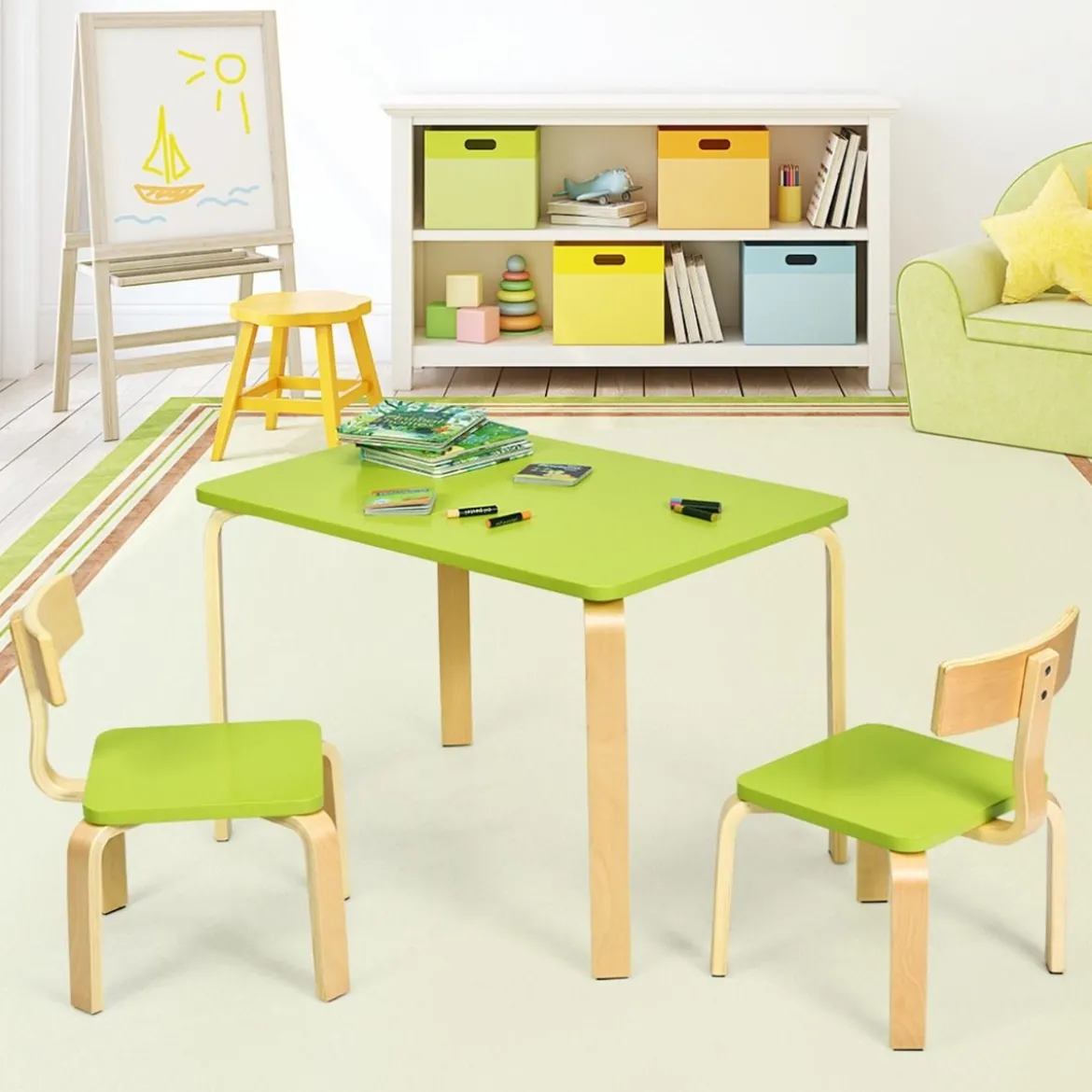 Kindertisch mit 2 Stühlen aus Holz 3tlg. Kindersitzgruppe Sitzgruppe für Kinder Grün