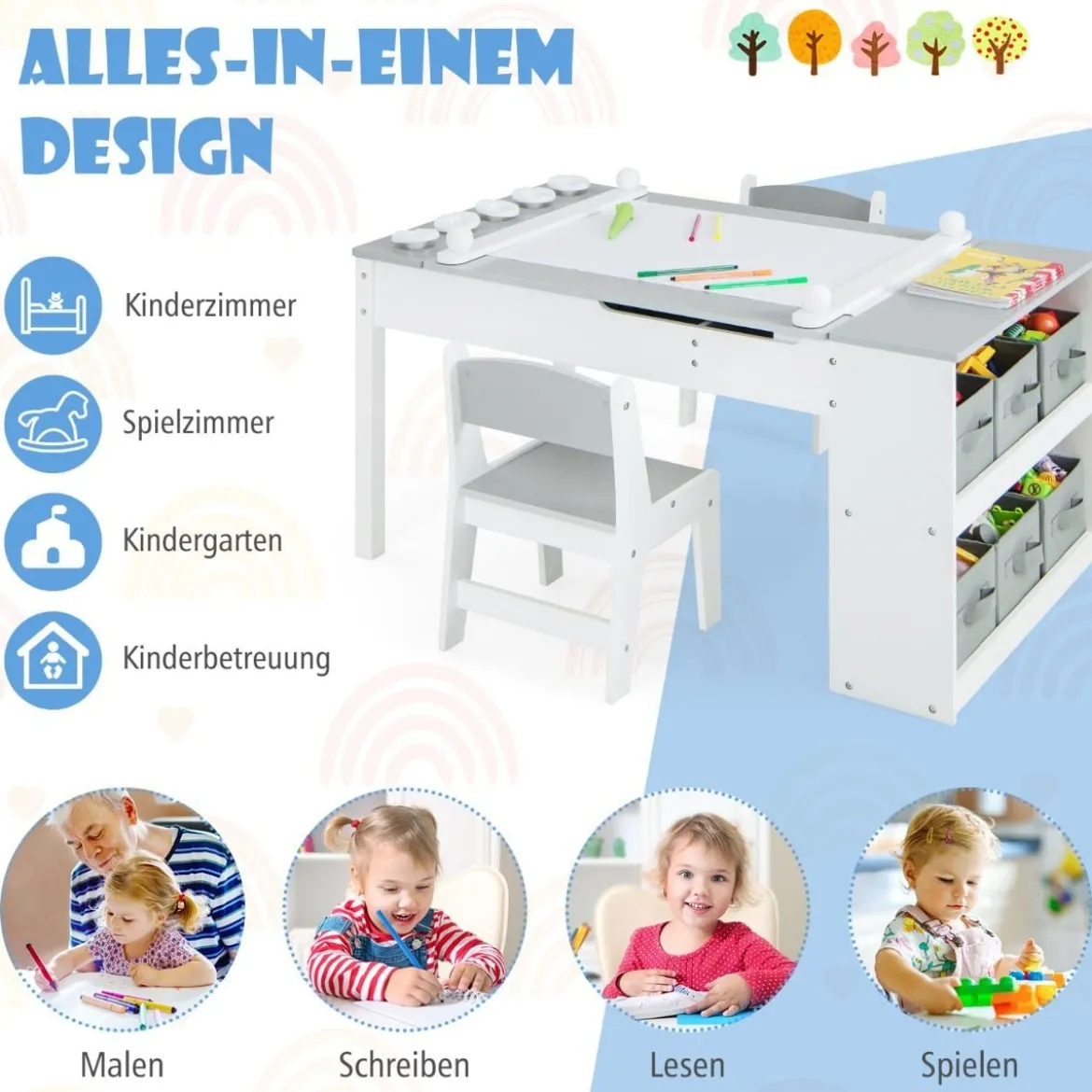 Kindertisch mit 2 Stühlen 3 in 1 Aktivitätstisch & Staffelei aus Holz mit Anhebbarer Tischplatte