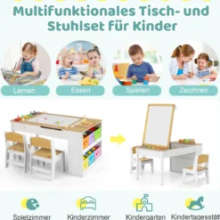 Kindertisch mit 2 Stühlen 3 in 1 Aktivitätstisch & Staffelei aus Holz mit Anhebbarer Tischplatte