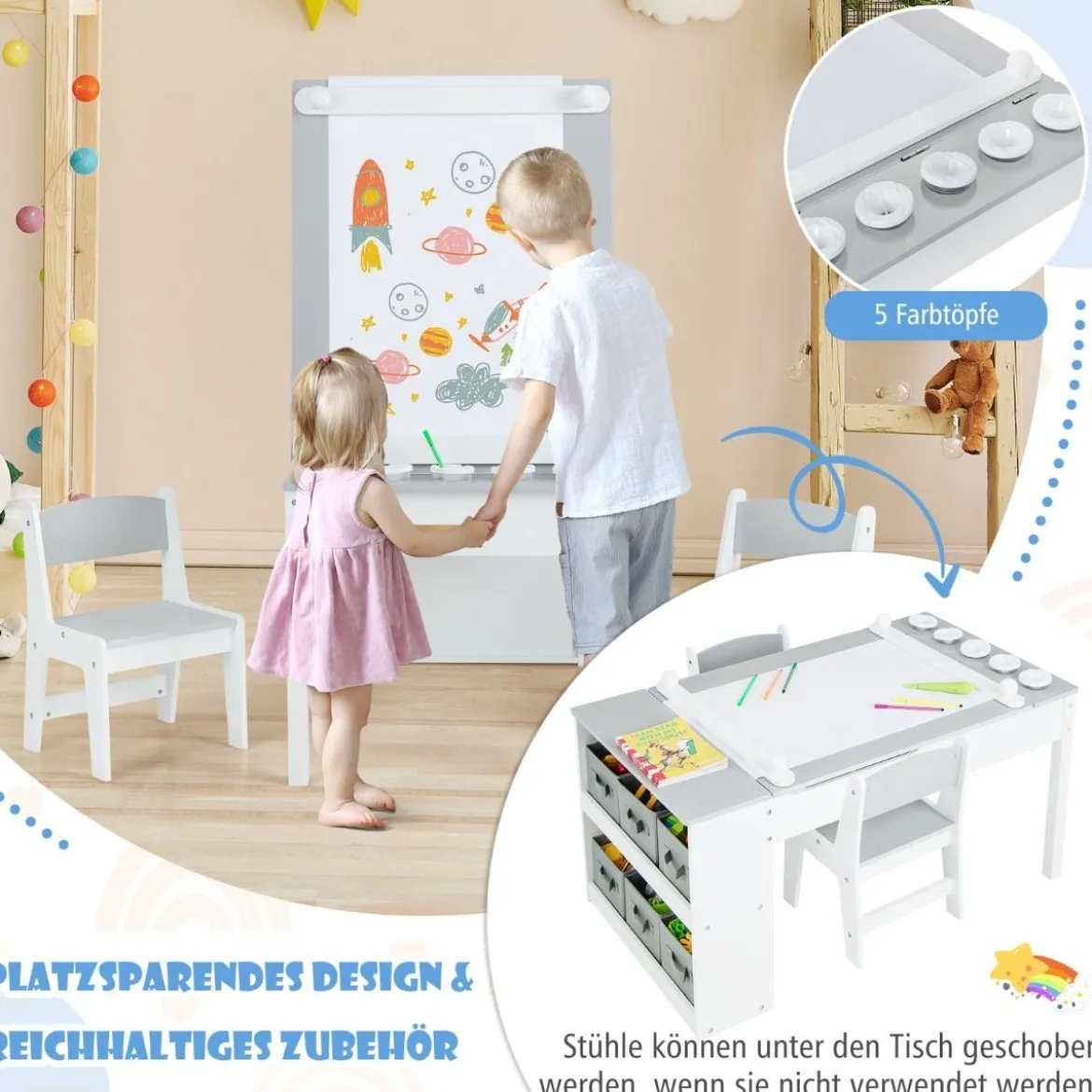 Kindertisch mit 2 Stühlen 3 in 1 Aktivitätstisch & Staffelei aus Holz mit Anhebbarer Tischplatte