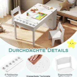 Kindertisch mit 2 Stühlen 3 in 1 Aktivitätstisch & Staffelei aus Holz mit Anhebbarer Tischplatte