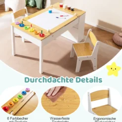 Kindertisch mit 2 Stühlen 3 in 1 Aktivitätstisch & Staffelei aus Holz mit Anhebbarer Tischplatte