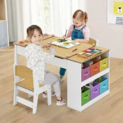 Kindertisch mit 2 Stühlen 3 in 1 Aktivitätstisch & Staffelei aus Holz mit Anhebbarer Tischplatte