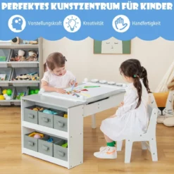 Kindertisch mit 2 Stühlen 3 in 1 Aktivitätstisch & Staffelei aus Holz mit Anhebbarer Tischplatte