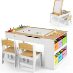 Kindertisch mit 2 Stühlen 3 in 1 Aktivitätstisch & Staffelei aus Holz mit Anhebbarer Tischplatte