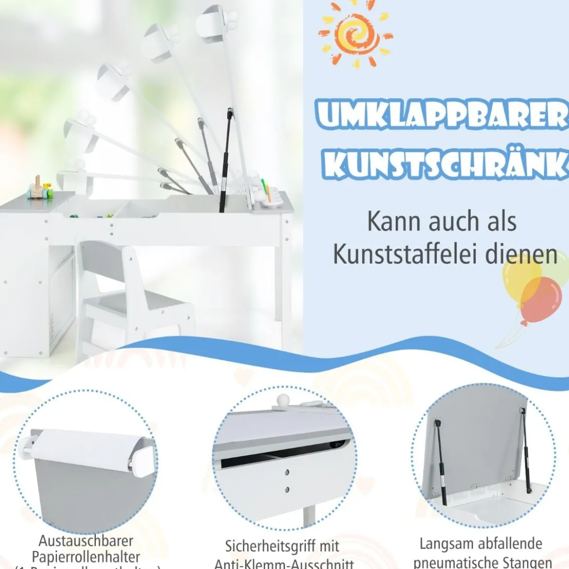 Kindertisch mit 2 Stühlen 3 in 1 Aktivitätstisch & Staffelei aus Holz mit Anhebbarer Tischplatte