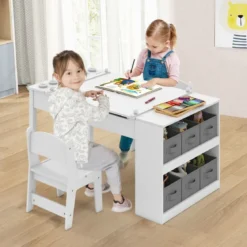 Kindertisch mit 2 Stühlen 3 in 1 Aktivitätstisch & Staffelei aus Holz mit Anhebbarer Tischplatte