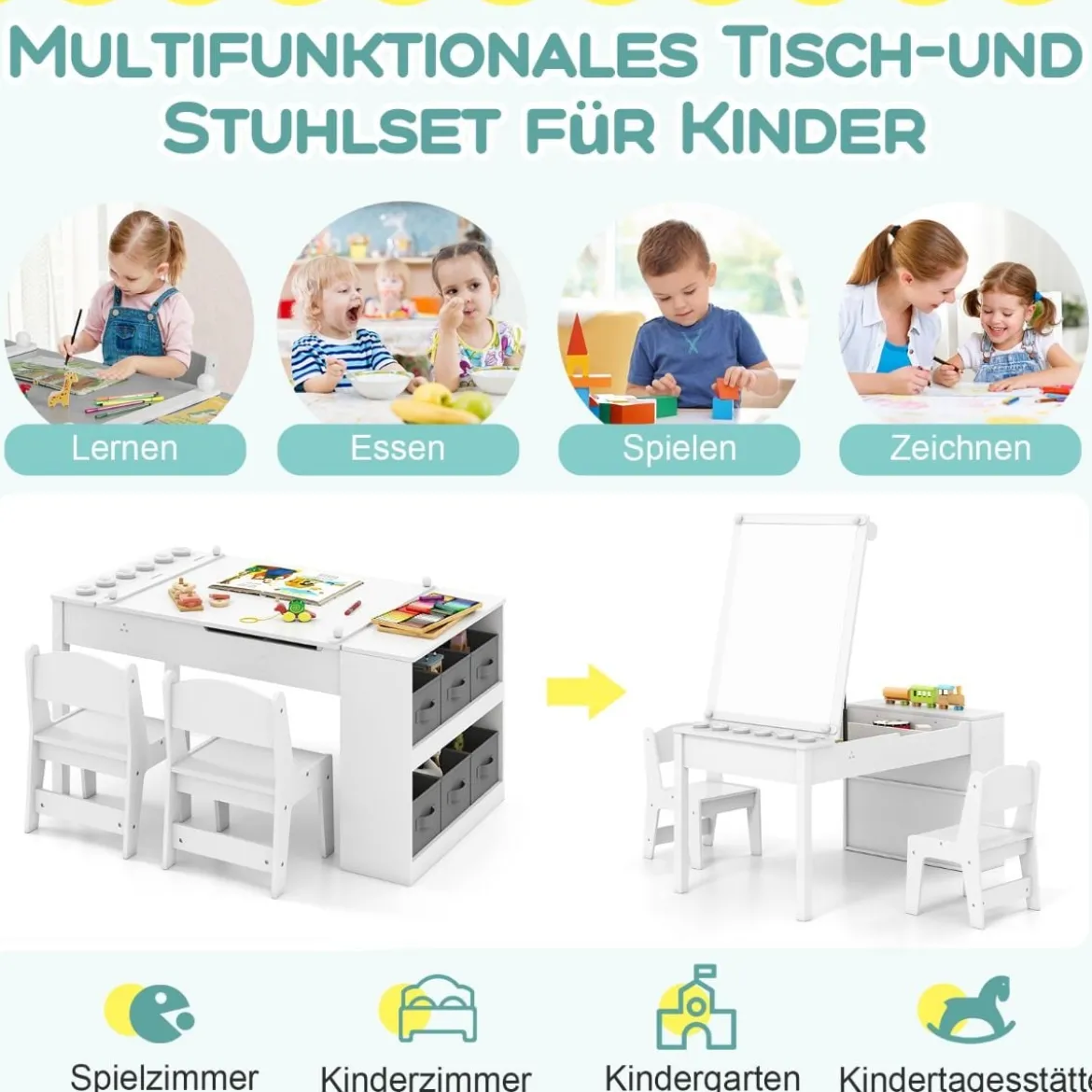 Kindertisch mit 2 Stühlen 3 in 1 Aktivitätstisch & Staffelei aus Holz mit Anhebbarer Tischplatte