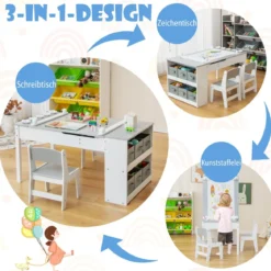 Kindertisch mit 2 Stühlen 3 in 1 Aktivitätstisch & Staffelei aus Holz mit Anhebbarer Tischplatte