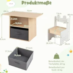 Kindertisch mit 2 Stühlen in Krokodilform 3 TLG. Kindersitzgruppe mit Stauraum & Stoffschublade Weiß+Natur