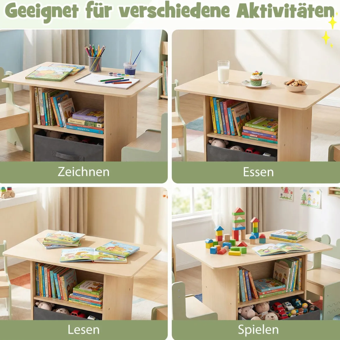 Kindertisch mit 2 Stühlen in Krokodilform 3 TLG. Kindersitzgruppe mit Stauraum & Stoffschublade