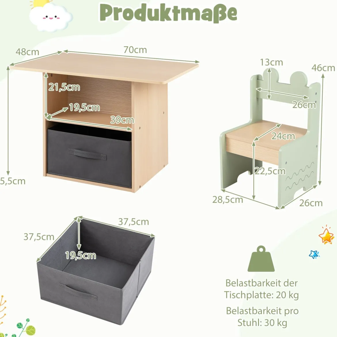 Kindertisch mit 2 Stühlen in Krokodilform 3 TLG. Kindersitzgruppe mit Stauraum & Stoffschublade