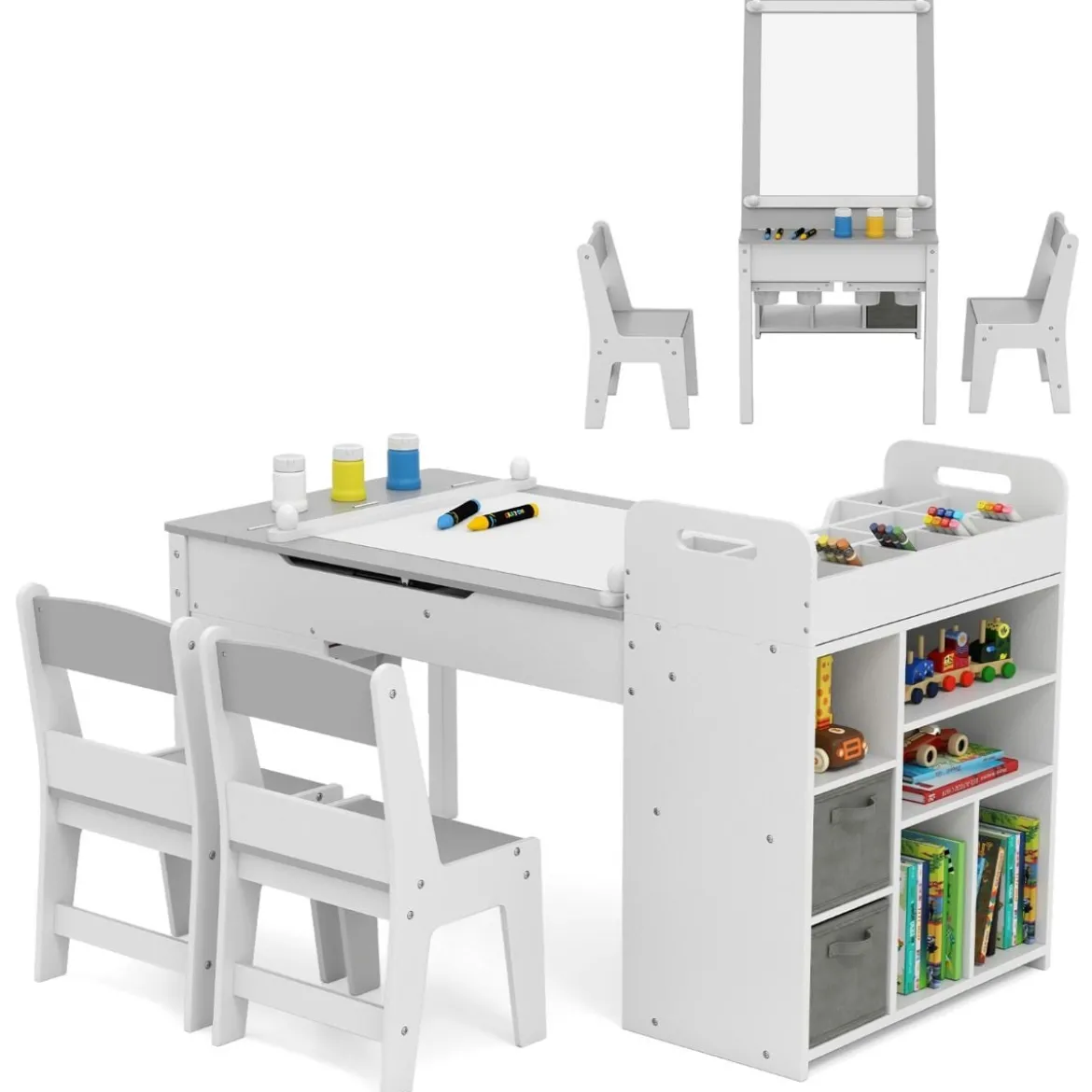 Kindertisch mit 2 Stühlen 3 in 1 Maltisch Holz Kindersitzgruppe mit anhebbarer Tischplatte Grau/Natur