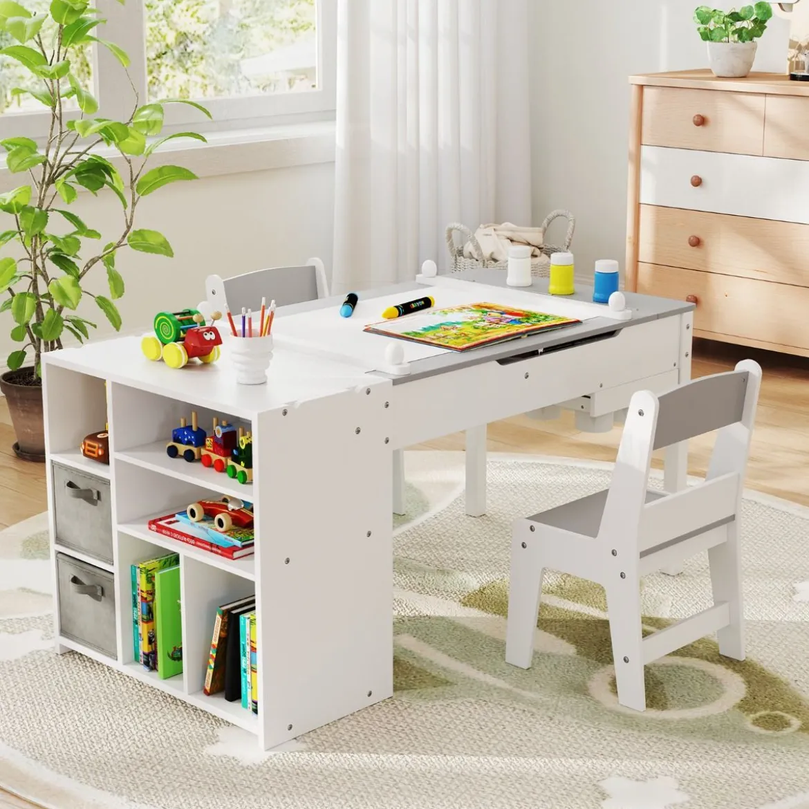 Kindertisch mit 2 Stühlen 3 in 1 Maltisch Holz Kindersitzgruppe mit anhebbarer Tischplatte Grau/Natur