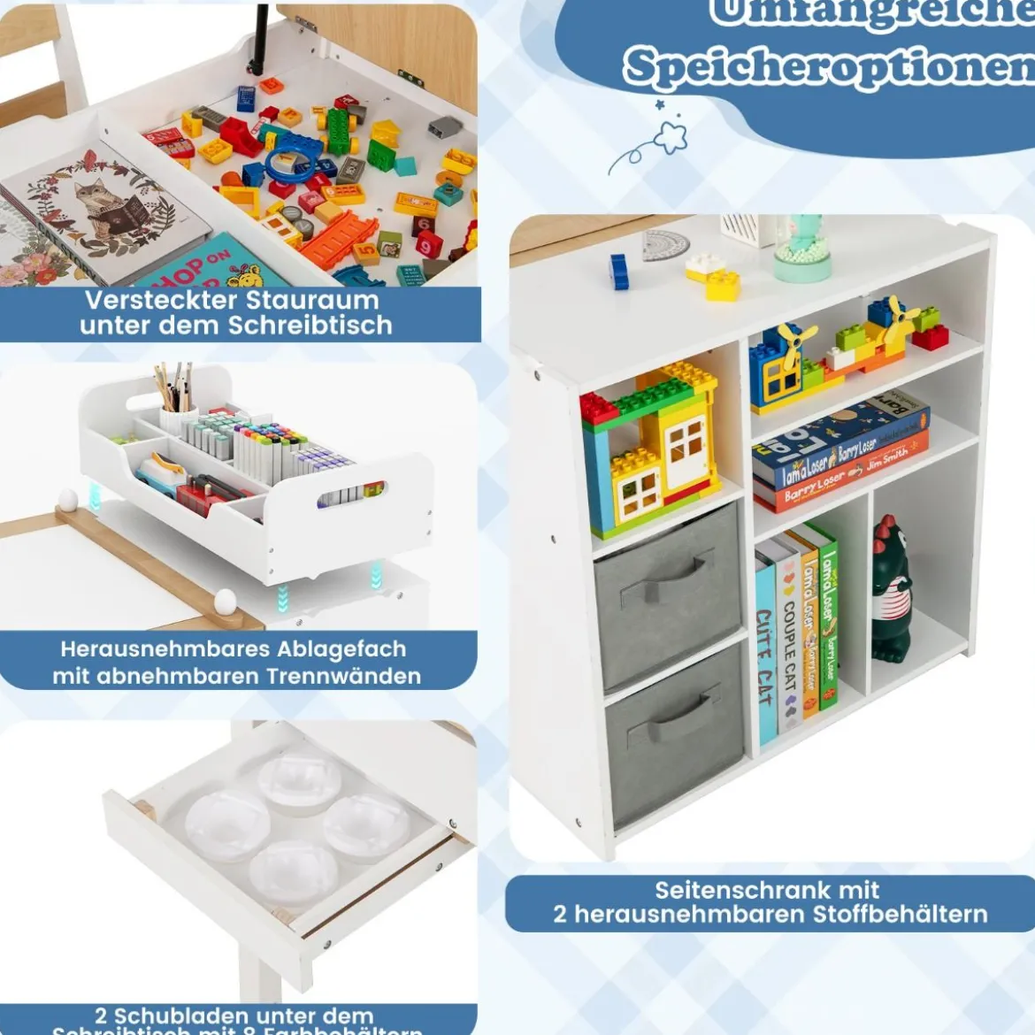 Kindertisch mit 2 Stühlen 3 in 1 Maltisch Holz Kindersitzgruppe mit anhebbarer Tischplatte Grau/Natur