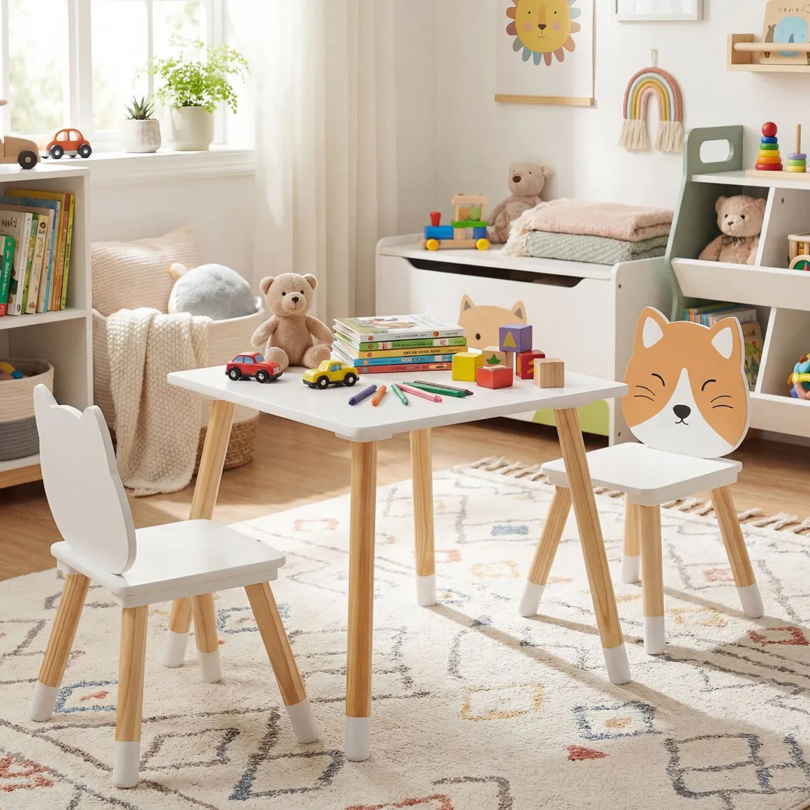 Kindertisch mit 2 Stühlen Kinderschreibtisch und Stuhl Set mit Holzbeinen Kindersitzgruppe Weiß