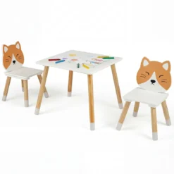 Kindertisch mit 2 Stühlen Kinderschreibtisch und Stuhl Set mit Holzbeinen Kindersitzgruppe Weiß