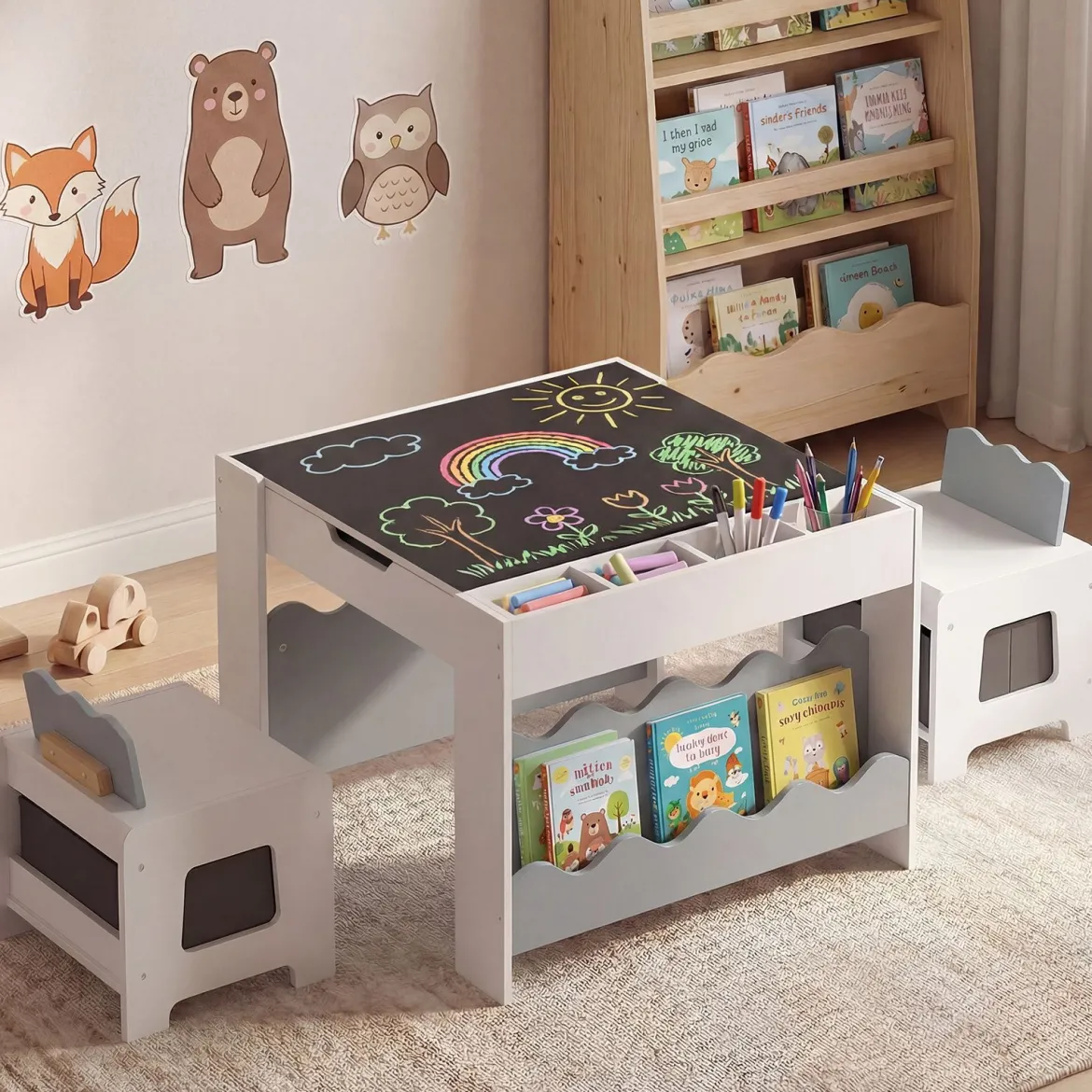 Kindertisch mit 2 Stühlen 3-teilige Kindersitzgruppe aus Holz mit Wendbarer & Abnembarer Grau