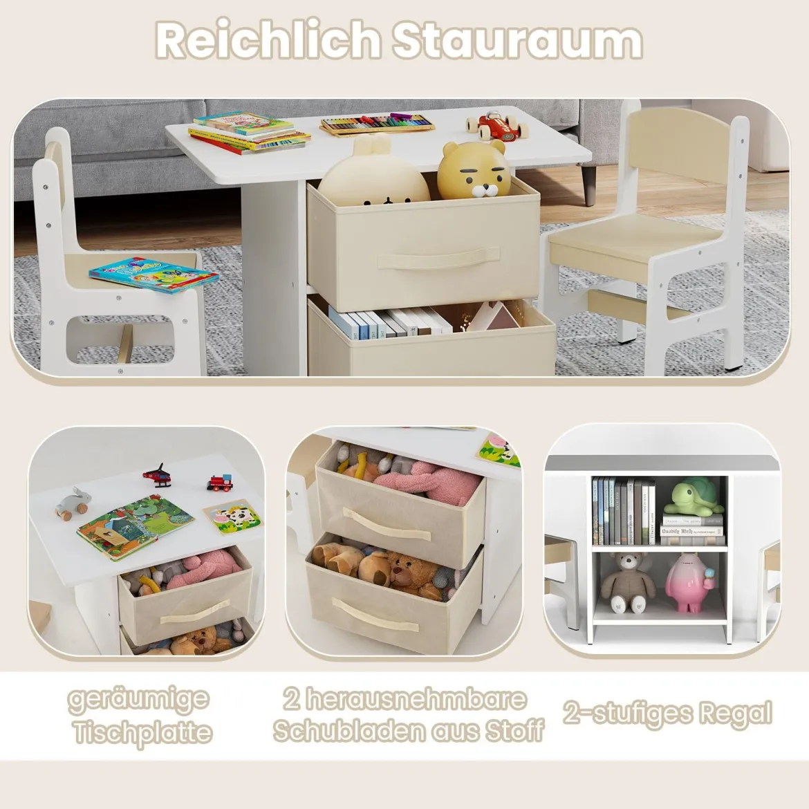 Kindertisch mit 2 Stühlen 3 TLG. Kindersitzgruppe aus Holz mit 2 abnehmbarem Körben Aktivitätstisch Maltisch Beige