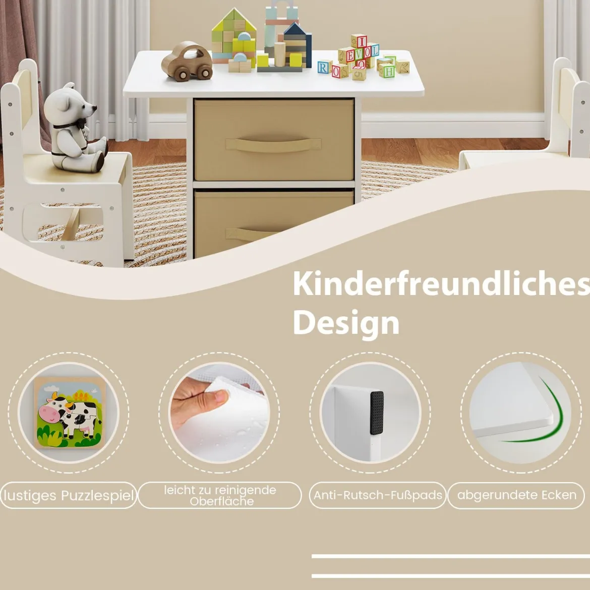 Kindertisch mit 2 Stühlen 3 TLG. Kindersitzgruppe aus Holz mit 2 abnehmbarem Körben Aktivitätstisch Maltisch Beige