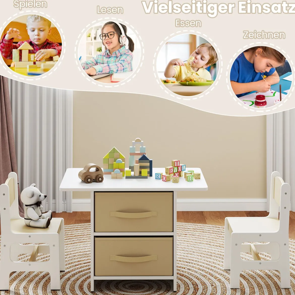 Kindertisch mit 2 Stühlen 3 TLG. Kindersitzgruppe aus Holz mit 2 abnehmbarem Körben Aktivitätstisch Maltisch Beige