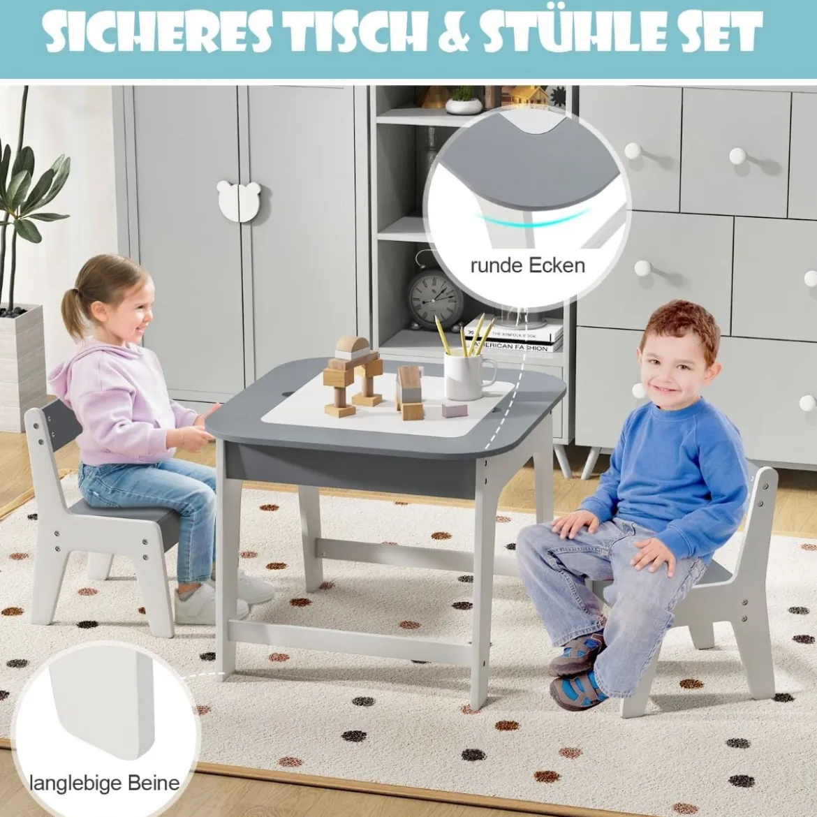 Kindertisch mit 2 Stühlen 3 TLG Kindersitzgruppe Holz mit Doppelseitiger Tischplatte Natur + Weiß/Grau/Natur