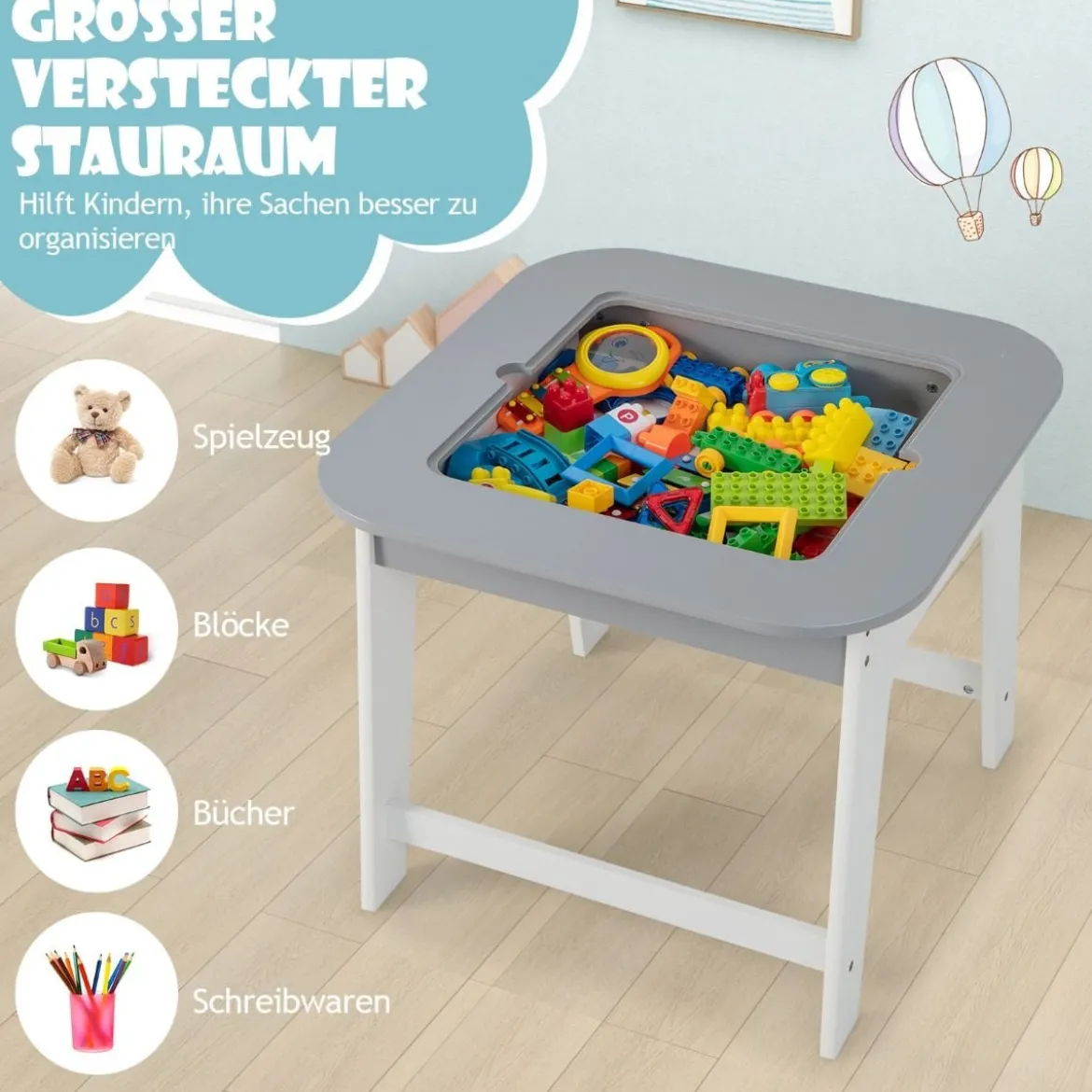 Kindertisch mit 2 Stühlen 3 TLG Kindersitzgruppe Holz mit Doppelseitiger Tischplatte Natur + Weiß/Grau/Natur