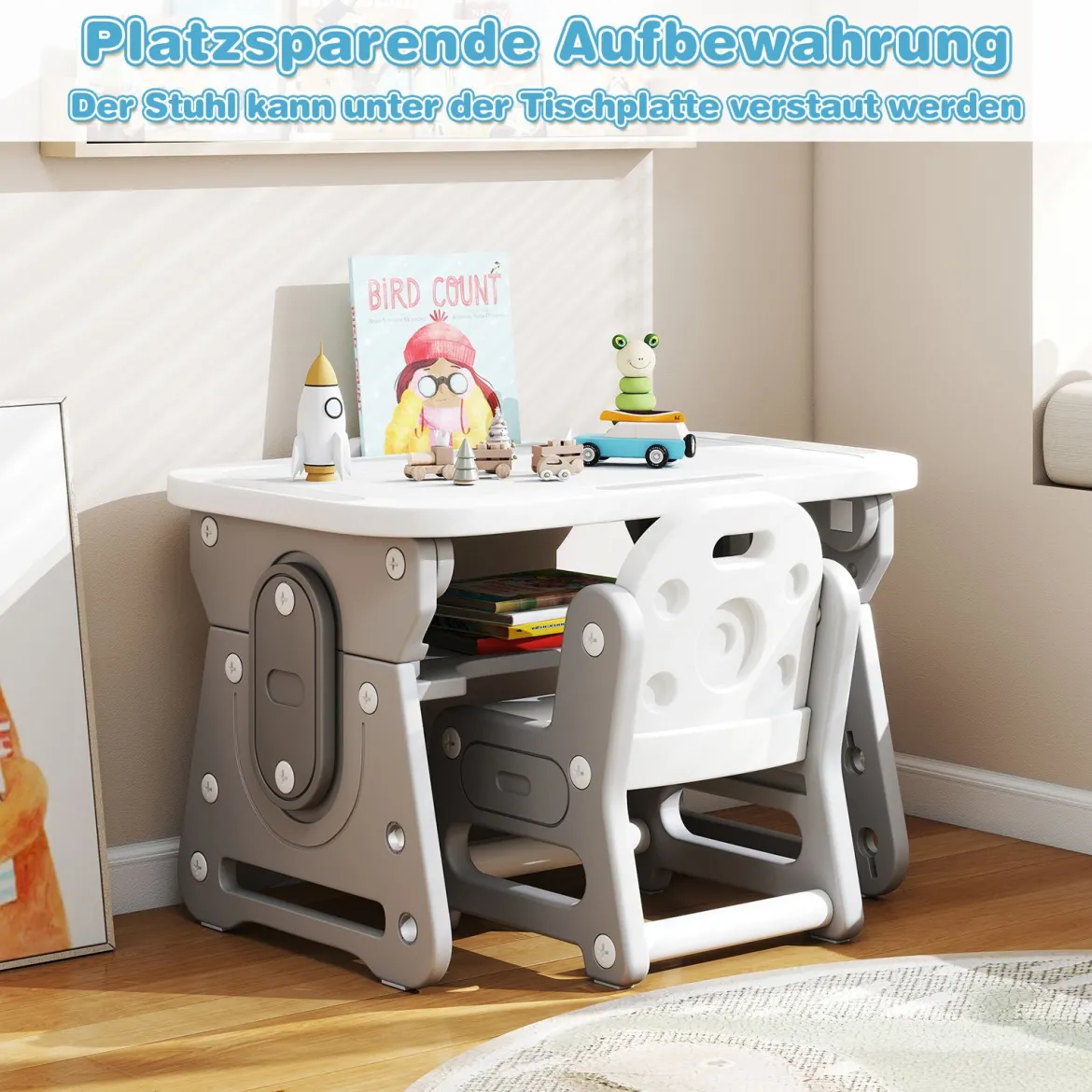 Kindertisch mit Stuhl Höhenverstellbare Kindersitzgruppe mit Neigbarem Whiteboard Grau