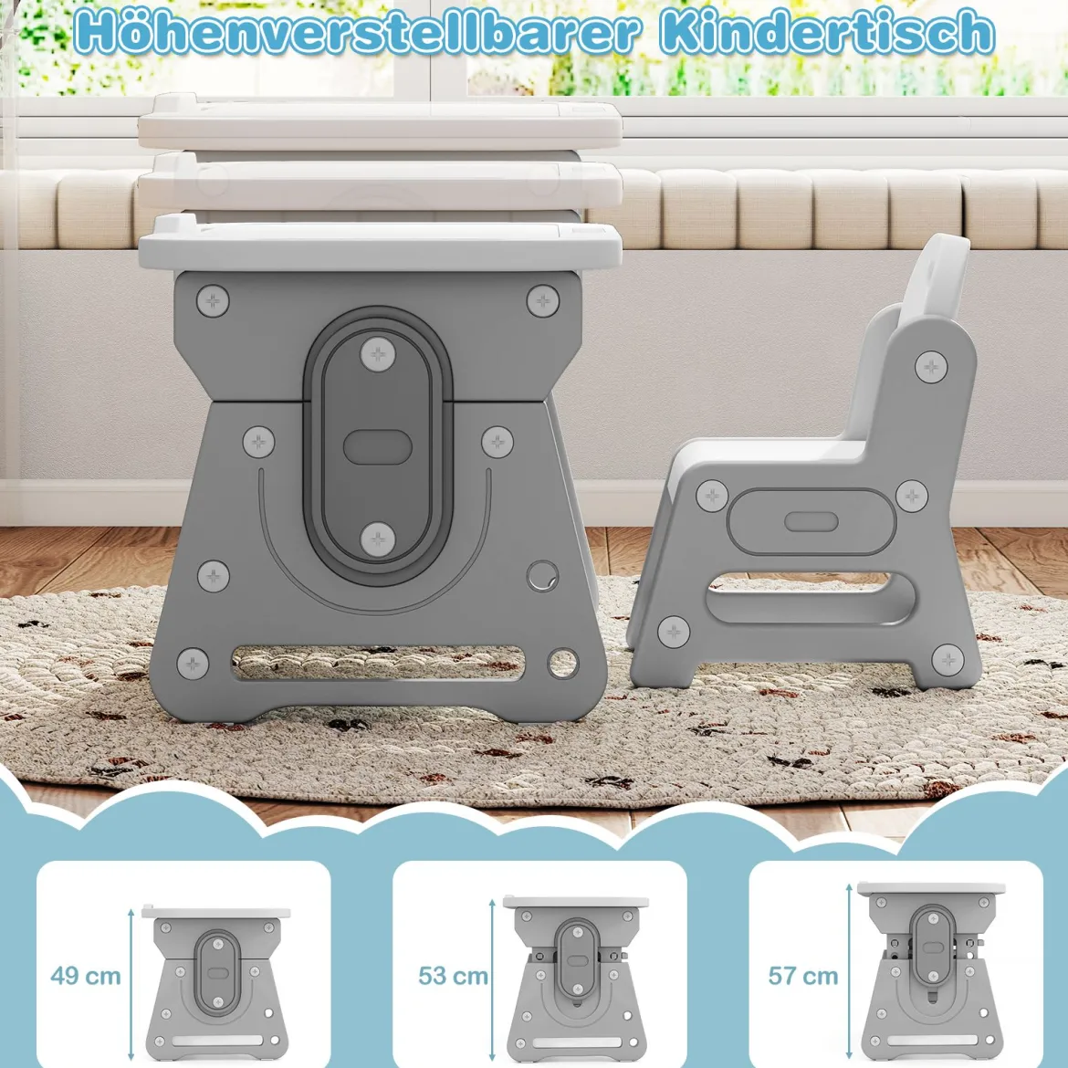 Kindertisch mit Stuhl Höhenverstellbare Kindersitzgruppe mit Neigbarem Whiteboard Grau