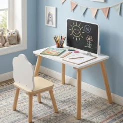 Kindertisch mit Stuhl Kinderschreibtisch mit Tafel für Kinder ab 3 Jahren Weiß + Natur