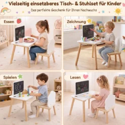 Kindertisch mit Stuhl Kinderschreibtisch mit Tafel für Kinder ab 3 Jahren Weiß + Natur