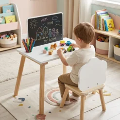 Kindertisch mit Stuhl Kinderschreibtisch mit Tafel für Kinder ab 3 Jahren Weiß + Natur