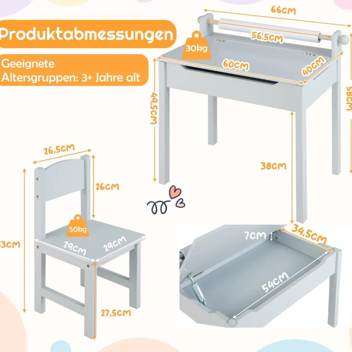 Kindertisch mit Stuhl Sensorisches Tischset für Kinder Grau