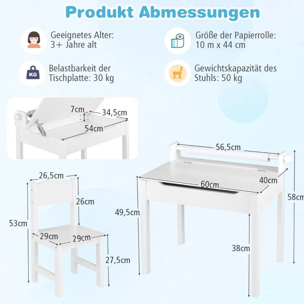 Kindertisch mit Stuhl Sensorisches Tischset für Kinder Weiß
