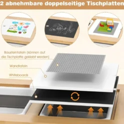 Kindertisch mit Umkehrbarer Tischplatte Höhenverstellbarer Spieltisch aus Kieferholz Natur