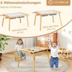 Kindertisch mit Umkehrbarer Tischplatte Höhenverstellbarer Spieltisch aus Kieferholz Natur