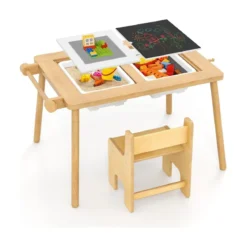 Kindertisch mit Umkehrbarer Tischplatte Höhenverstellbarer Spieltisch aus Kieferholz Natur