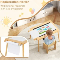 Kindertisch mit Umkehrbarer Tischplatte Höhenverstellbarer Spieltisch aus Kieferholz Natur