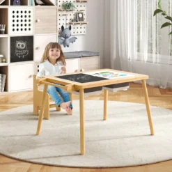 Kindertisch mit Umkehrbarer Tischplatte Höhenverstellbarer Spieltisch aus Kieferholz Natur
