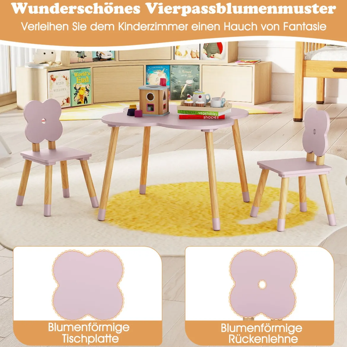 Kindertisch-Set in Blumenform hölzerner Spiel- und Aktivitätentisch für Kinder Rosa