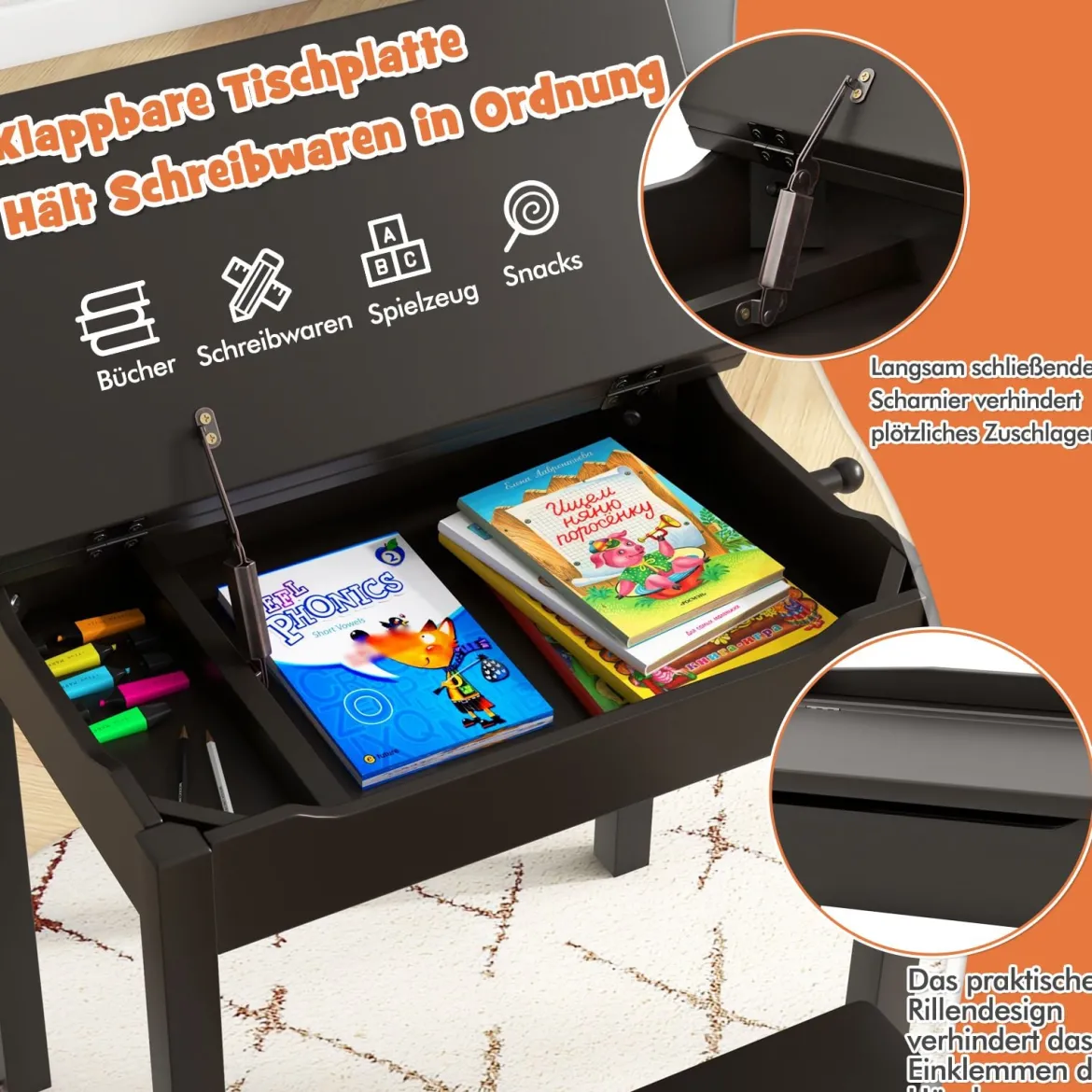 Kindertisch + Stuhl aus Massivholz mit Klappbarer Tischplatte & Schublade & Haken