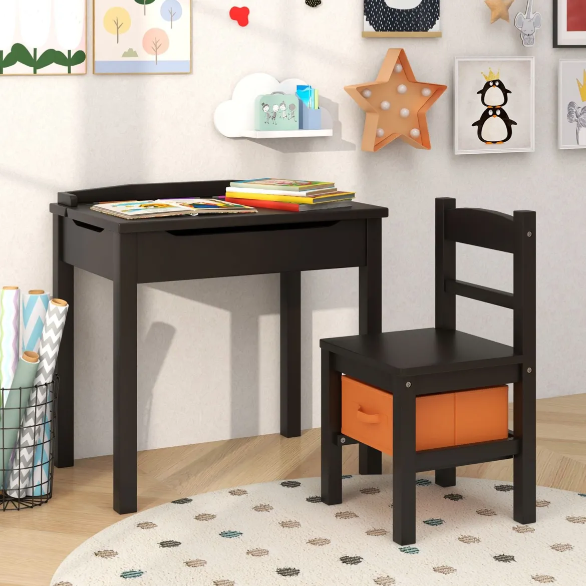 Kindertisch + Stuhl aus Massivholz mit Klappbarer Tischplatte & Schublade & Haken